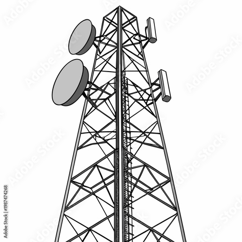 A tall metal communication tower with satellite dishes and antennas on a for connectivity and network infrastructure