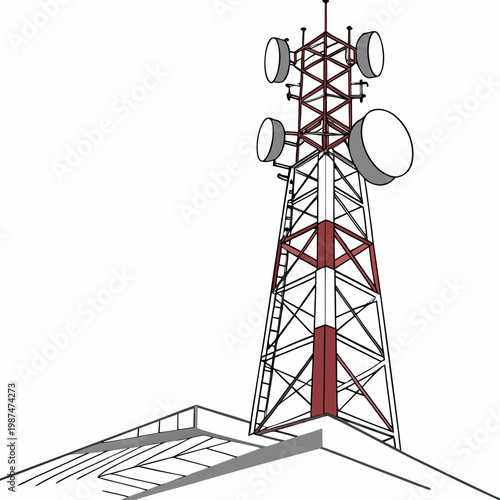 A red and white cell phone tower with satellite dishes on top standing on a rooftop with a