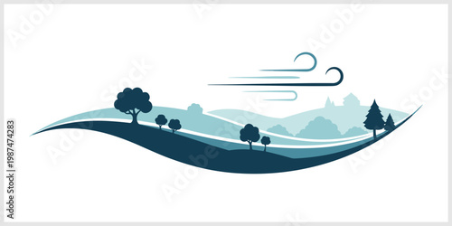 Stylized Landscape with Trees Hills and Wind