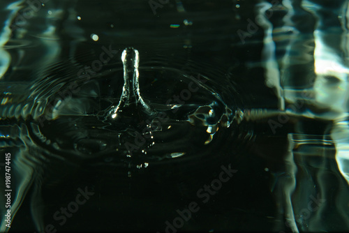 180.Water droplet splashing on a dark water surface