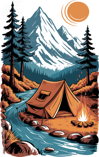 Camping tent near river with campfire and mountains.