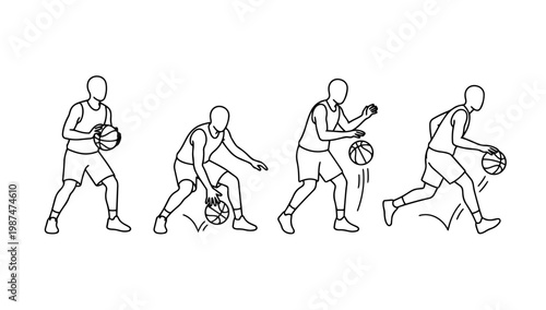 Basketball dribbling and movement sequence showing player control and agility illustrated in minimal line illustration style for sports training and coaching visuals