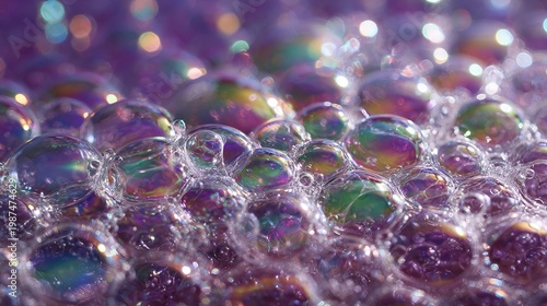 Bubbles dance in iridescent colors, creating a mesmerizing surface at a vibrant gathering, under warm sunlight, evoking joy and carefree moments of play