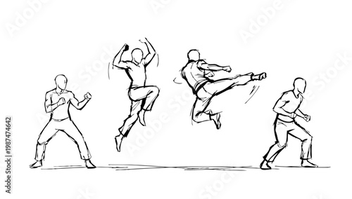 Boxing and combat action sequence showing punches and defensive moves presented in clean line illustration style for sports training and motion study concepts