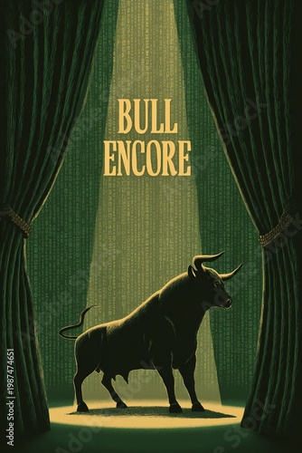 Dramatic bull silhouette standing strong under a spotlight, surrounded by deep green curtains and mysterious coded backdrop in an artistic performance setting