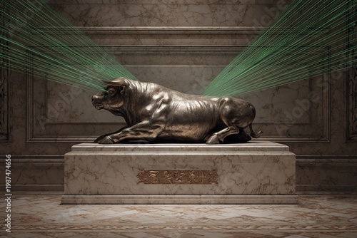 Witness the breathtaking bull sculpture, a true embodiment of power, proudly displayed in a lavish marble gallery brought to life by vibrant beams of green light