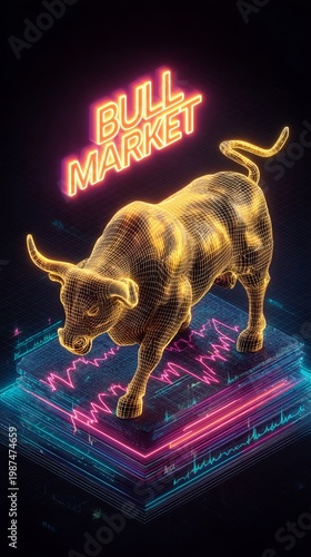 Dynamic digital bull sculpture symbolizes prosperity in the vibrant world of finance, highlighting the thriving atmosphere of the bull market scenario