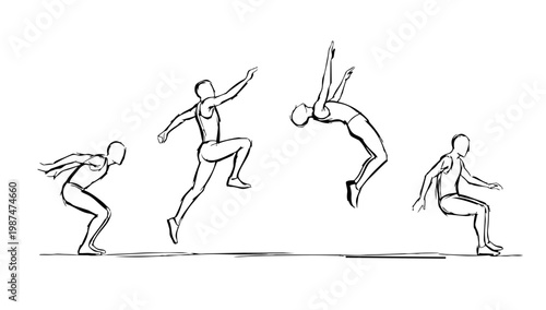 Athletic jump sequence showing human body motion through multiple airborne poses featuring dynamic action captured in line illustration style for sports training visuals