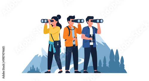 Group of Three People Exploring with Binoculars in Nature Landscape