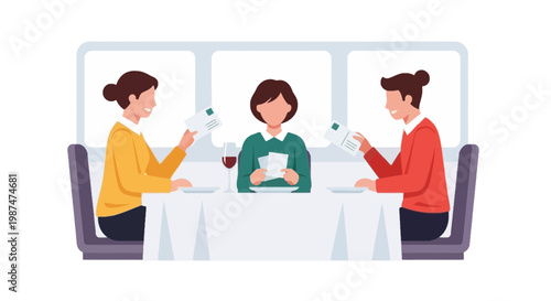 Three friends enjoying drinks together at a dining table
