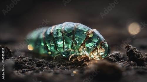 Glowing chrysalis resting on rich earth under soft light, revealing natures magic and transformation at dusk in a serene woodland habitat
