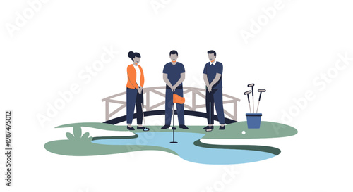 Miniature Golf Course with Three Players and Obstacles