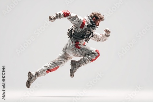 An enthusiastic astronaut performs an exhilarating leap in a zero gravity training session aboard a cutting edge futuristic space station