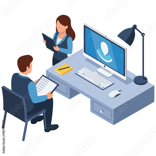 Isometric Office Business Team Consultation Vector Illustration