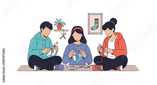 Young Friends Knitting and Crafting Together Indoors