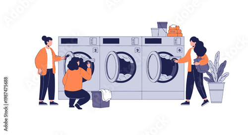 People Doing Laundry at Washing Machines in Laundry Room