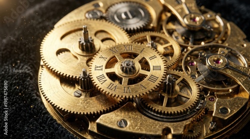 Close Up Macro of Antique Brass Clock Gears and Cogs