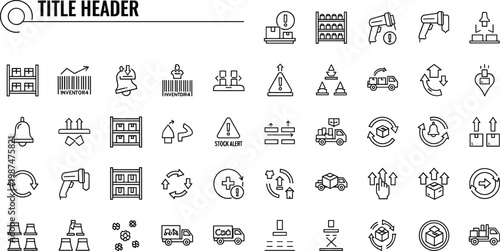Warehouse logistics and inventory management outline icon set featuring shipping tracking storage distribution supply chain operations vector collection