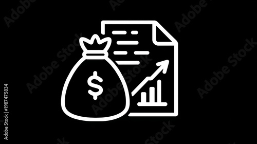 A white line drawing of a money bag and a document with a graph on a black background