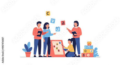 Children Learning Alphabet in Classroom with Educational Blocks