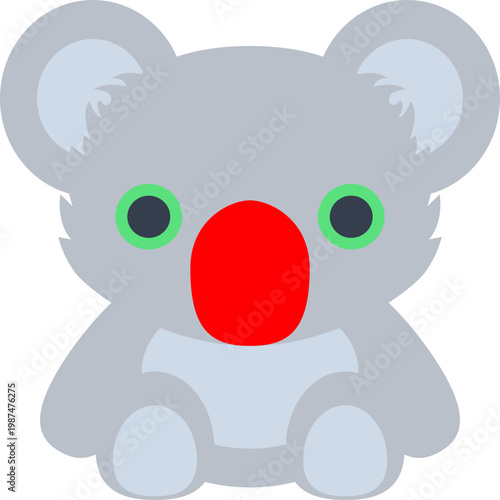 Playful Koala Illustration: A charming koala illustration, featuring a simplistic design with a gray body, green eyes, and a bright red nose, captures a cheerful and whimsical essence.