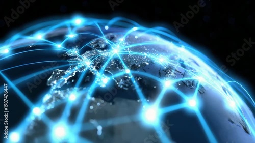 Tracking aerial motion zoom of globe with glowing network connections transmitting between illuminated cities across earth's night surface