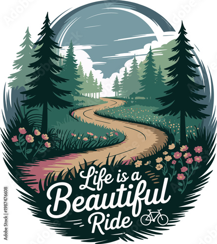 Cycling path through lush green forest with blooming flowers.