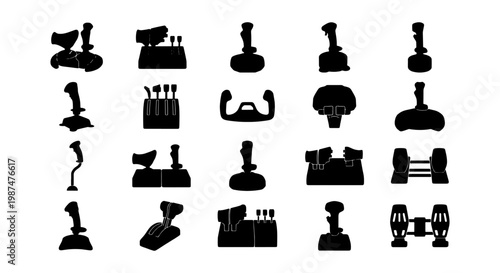 Flight simulator joystick silhouette set, 20 gaming controller icons, black aviation flight stick and throttle quadrant vector collection