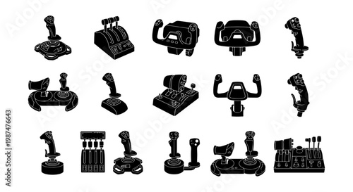 Black flight simulator joystick icons, 15 aviation controller vector elements, flight sim gear silhouettes for gaming and pilot training