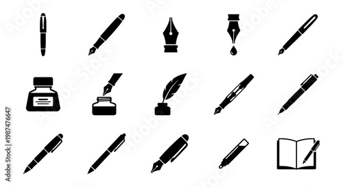 Vintage fountain pen icon set, 15 black ink pen and quill vector elements, professional calligraphy and writing tools for stationery design