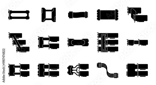 Computer hardware bridge icons set, 15 black silhouette vector elements for GPU and SLI connection, electronic component interface symbols