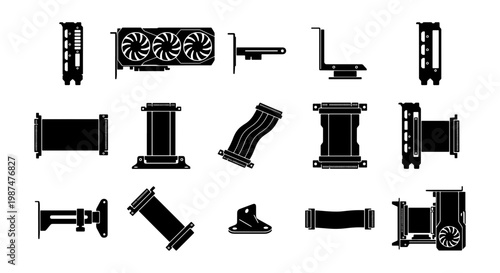 Computer graphics card silhouette icons, 15 GPU hardware components and riser cable vector set, PC gaming hardware parts and mounting brackets