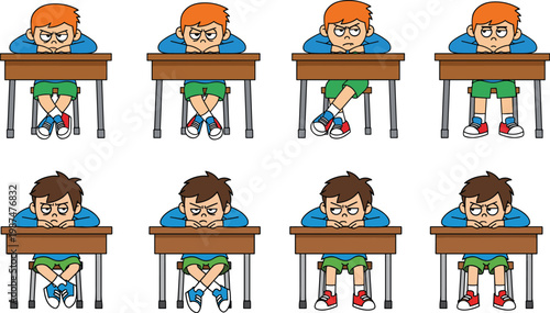 Cartoon illustration of student sitting at desk with folded arms and head resting, showing boredom, fatigue, classroom learning concept