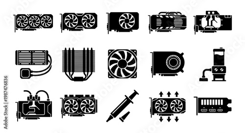Computer hardware components icon set, 15 black vector graphics cards and cooling systems, PC gaming hardware elements for technical diagrams