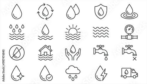 Water Management Icon Set Hydration Supply System Environment Drop Vector