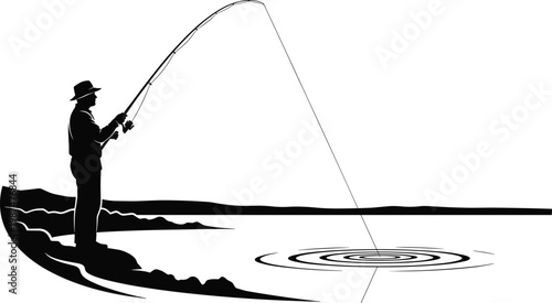 A silhouetted fisherman stands on a rocky shore casting a line into the water with focused intent high quality professional detailed