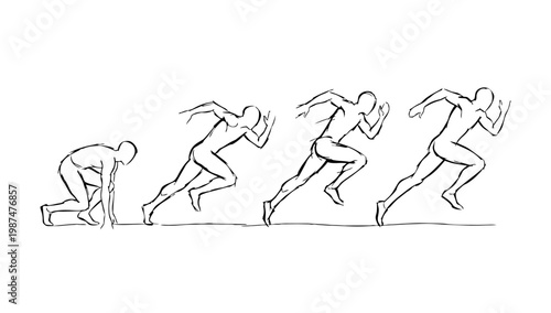 Line illustration sequence of running athlete showing sprint start, acceleration, and full-speed motion stages for fitness training and sports performance design.