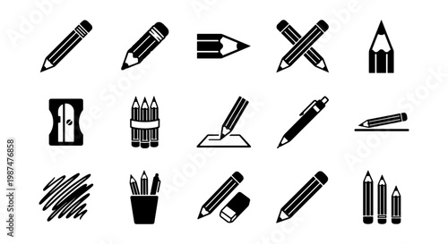 Black pencil icons set, minimalist school stationery vector elements, 15 drawing and writing tools symbols for education and office design