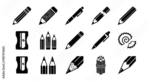 Minimalist pencil and pen icon set, 15 black vector stationery elements, office supplies and drawing tools for education and creative design