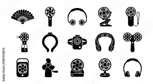 Portable electric fan icon set, 15 black vector silhouettes of cooling devices, handheld mini fans and wearable neck fans for summer heat