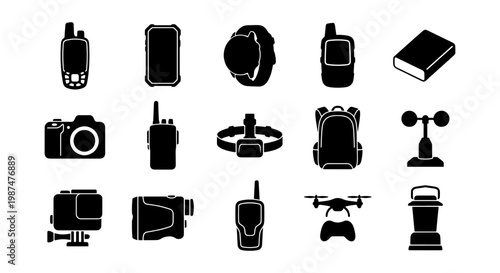 Outdoor adventure gear icons set, black silhouette hiking and camping equipment vectors, 15 travel technology and survival tools for exploration
