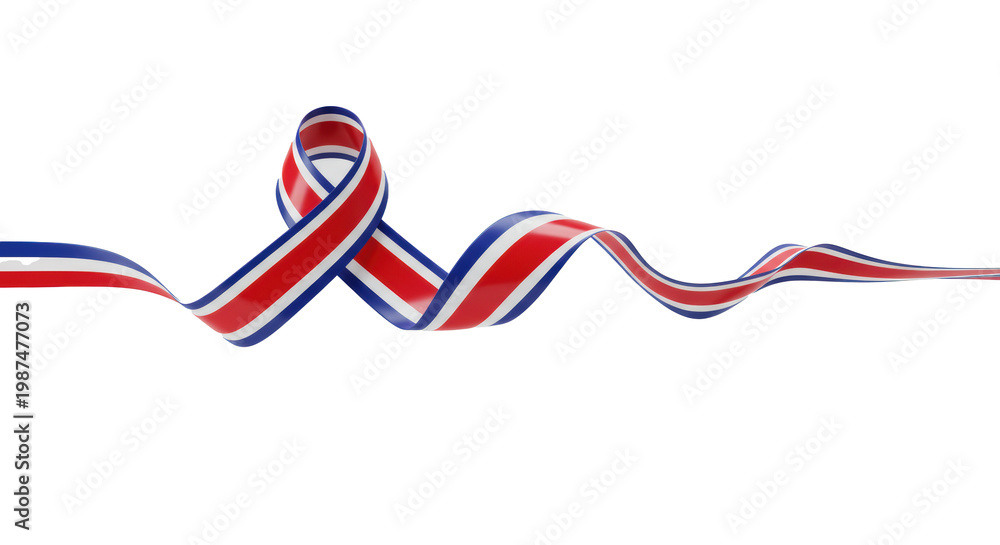 Obraz premium Dynamically rendered 3D ribbon with UK flag colors (red, white, blue) and glossy finish, gracefully sweeping on a transparent background with copy space, concept of UK national pride and patriotism