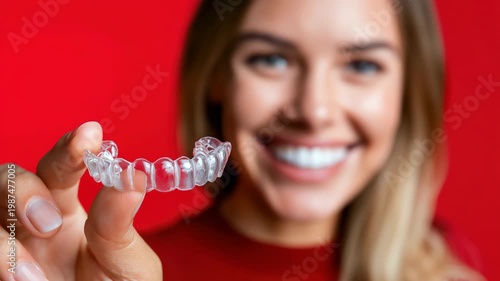 Tracking shot of woman presenting clear dental aligner to camera in studio with red background and smiling close up
