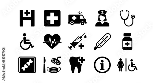 Medical icon set with 15 black vector silhouettes, hospital healthcare symbols, emergency clinic signs for wayfinding and medicine apps