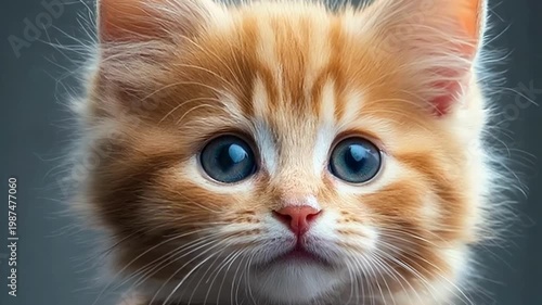Cute orange kitten with big blue eyes looking at the camera indoors