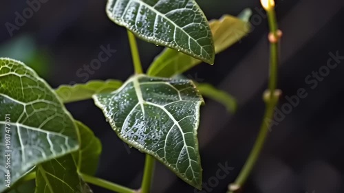 Intricate close-up of vibrant green leaves, showcasing delicate textures and natural vein patterns, embodying the serene beauty of botanical growth and nature's living vitality