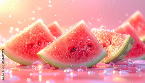Fresh watermelon slices with sparkling water droplets on pink summer background