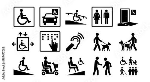 Disability accessibility icons set, 15 black handicap wayfinding symbols, wheelchair and blind assistance vector elements for public signage