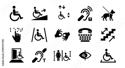 Accessibility icons set with 15 disability symbols, black minimalist handicap signs, universal inclusion and diversity vector elements for wayfinding