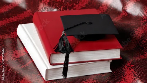 Panning slow motion shot of graduation cap and tassel resting on stacked books on patterned red fabric tabletop in studio